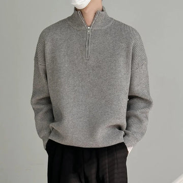 Man Clothes Solid Color Zip-up Knitted Sweaters For Men Black Zipper Plain Pullovers Stylish Casual Winter Fun Neck A